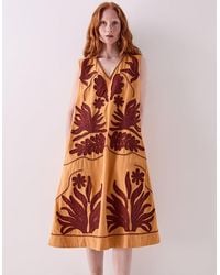 Monsoon - East Mella Appliqué Cotton Midi Dress Orange - Lyst