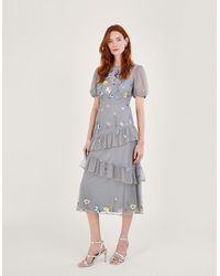 Monsoon - Gwendolyn Embroidered Tiered Midi Dress Grey - Lyst