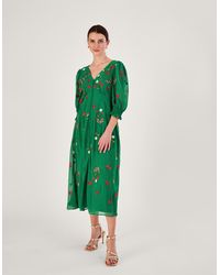 Monsoon - Simone Button Through Embroidered Dress In Recycled Polyester Green - Lyst