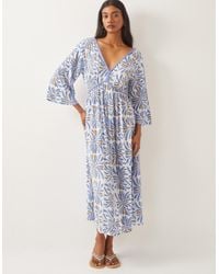 Monsoon - Cece V-neck Woodblock Print Midi Dress Blue - Lyst
