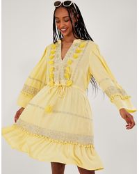 Monsoon - Embroidered Pom-pom Kaftan Dress Yellow - Lyst