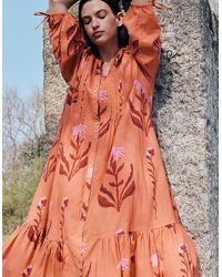 Monsoon - East Maisie Botanical Print Cotton Seersucker Dress Orange - Lyst