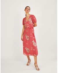 Monsoon - Kira Embellished Wrap Dress In Recycled Polyester Pink - Lyst