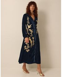Monsoon - Clemence Florentinie Long Sleeve Embroidered Velvet Midi Dress Blue - Lyst