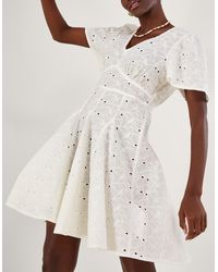 Monsoon - Schiffli V-neck Pleated Short Dress White - Lyst