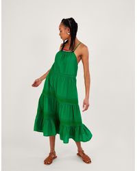 Monsoon - Plain Broderie Lace Trim Midi Dress In Sustainable Cotton Green - Lyst