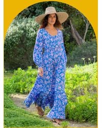 Monsoon - La Galeria Elefante Women's Blue & Pink Floral Print Jodie Flamenco Maxi Dress, Blue Size: S - Lyst