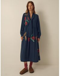 Monsoon - East Freddie Tie Neck Floral Placement Print Midi Dress Blue - Lyst