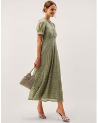 Monsoon - Celina Puff Sleeve Lace Midi Dress Green - Lyst