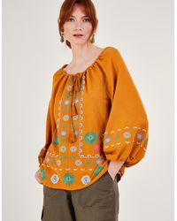 Monsoon - Embroidered Flower Tunic Top In Linen Blend Yellow - Lyst