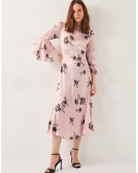 Monsoon - Pelia Floral Satin Ruffle Midi Dress Pink - Lyst