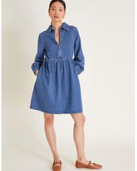 Monsoon - Women's Blue Cotton Alana Shirt Zip Denim Dress, Size: Xl - Lyst