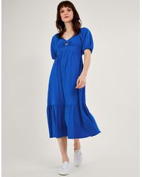 Monsoon - Puff Sleeve O-ring Detail Midi Dress Blue - Lyst