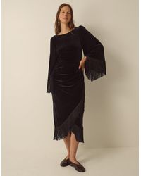 Monsoon - Tara Long Sleeve Fringe Velvet Midi Dress Black - Lyst