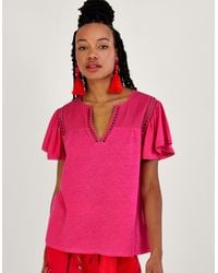 Monsoon - V-neck Woven Top In Linen Blend Pink - Lyst