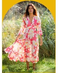 Monsoon - La Galeria Elefante Women's Orange & Pink Floral Print Tiered Midi Dress, Size: S - Lyst