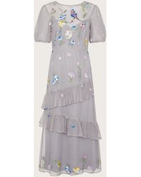 Monsoon - Gwendolyn Embroidered Tiered Midi Dress Grey - Lyst