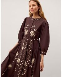 Monsoon - Eloise Floral Embroidered Midi Dress Brown - Lyst