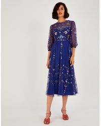 Monsoon - Yennefer Embroidered Midi Dress Blue - Lyst