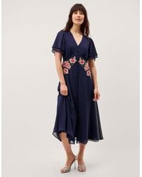 Monsoon - Women's Navy Blue & Red Floral Embroidered Coraline Midi Dress, Size: 18 - Lyst