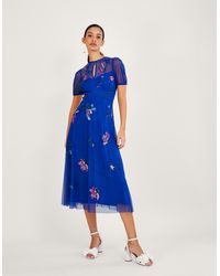 Monsoon - Phoebe Embellished Midi Dress In Recycled Polyester Blue - Lyst