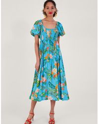 Monsoon - Limella Floral Print Shirred Dress In Sustainable Viscose Blue - Lyst