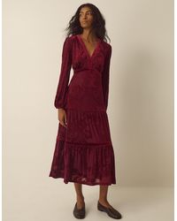 Monsoon - Dolly V-neck Floral Devoré Jersey Midi Dress Red - Lyst