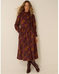 Monsoon - Women's Dark Brown & Purple Cotton Check Printed Melinda Corduroy Midi Dress, Size: 8 - Lyst