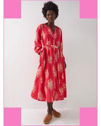 Monsoon - East Floral Print Belted Midi Dress Red - Lyst