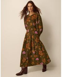 Monsoon - Women's Dark Green Cotton Floral Print Princella Corduroy Midi Dress, Size: 12 - Lyst
