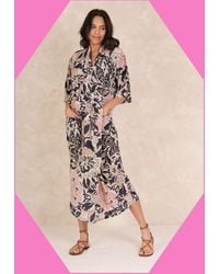Monsoon - One Hundred Stars Women's Brown & Pink Floral Print Rachel Midi Dress, Size: M/l - Lyst