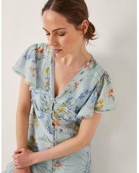 Monsoon - Women's Blue & Orange Floral Print Jesse V-neck Midi Dress, Size: 16 - Lyst