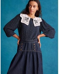 Monsoon - Ivy Embroidered Collar Polka Dot Blouse Blue - Lyst