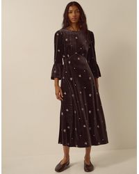 Monsoon - Emilee Floral Embroidered Velvet Midi Dress Brown - Lyst