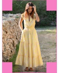 Monsoon - La Galeria Elefante Women's Yellow & Pink Floral Print Midi Dress, Size: S - Lyst