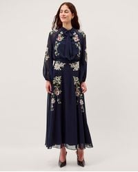 Monsoon - Women's Navy Blue & Pink Floral Embroidered Annika Chiffon Midi Dress, Size: 22 - Lyst
