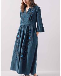 Monsoon - East Odelia Embroidered Corduroy Maxi Dress Blue - Lyst