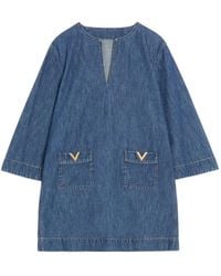 Valentino Garavani - Denim Mini Dress With V-Neck - Lyst