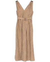 Brunello Cucinelli - Midi Dress With Belt And V-Neck - Lyst