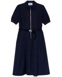 Prada - Belted Midi Polo Dress With Half Zip - Lyst