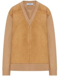 Prada - Suede-Panel V-Neck Wool Sweater Clothing - Lyst