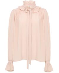 Chloé - Blouse With Ruffles And Front Tie In Crêpe De Chine - Lyst