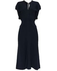 Victoria Beckham - Blouson Detail V-Neck Midi Dress Clothing - Lyst