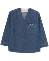 Valentino Garavani - Denim Shirt With V-Neck And Logo - Lyst