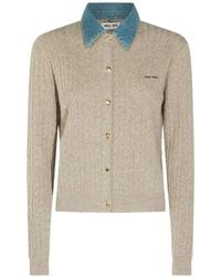 Miu Miu - Cashmere Cable Knit Cardigan With Denim Collar - Lyst