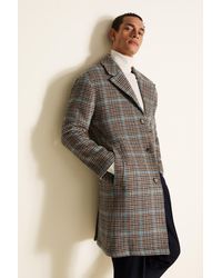 Moss London Slim Fit Tan With Teal Check Overcoat - Multicolor