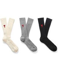 Ami Paris - Three-pack Logo-embroidered Ribbed Cotton-blend Socks - Lyst