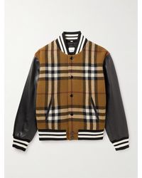 Burberry - Checked Wool-blend And Full-grain Leather Varsity Jacket - Lyst