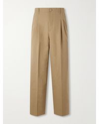Ami Paris - Carrot Straight-Leg Pleated Cotton And Linen-Blend Trousers - Lyst