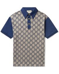 Gucci Paneled Cotton-jersey And Logo-jacquard Silk-blend Polo Shirt - Blue